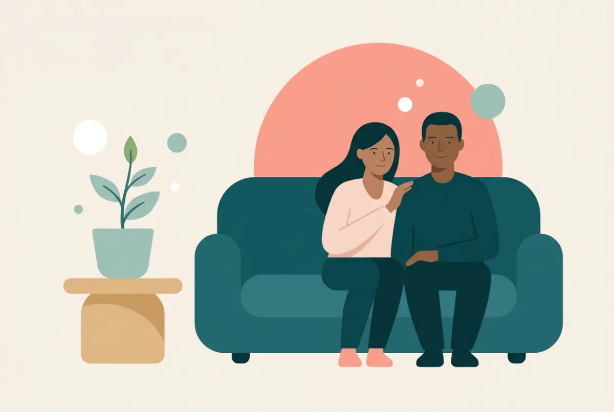A couple sitting close on a teal sofa beside a sprouting plant